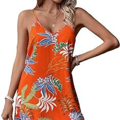 Fabric Is Soft And Comfortable, Machine Wash, Do Not Dry Clean, Wash With Soft Detergent Feature: Tropical Print, Spaghetti Strap, V-Neck, Backless, Straight Hem, Mini Cami Dress For Women Perfect For Beach Vacations, Summer Outings, And Casual Parties Can Be Styled With Strappy Sandals, A Wide-Brimmed Hat, And Simple Jewelry Orange Sundress For Summer Brunch, Orange Mini Dress For Vacation, Orange Sundress With Spaghetti Straps For Spring, Orange Sundress For Beach Season Brunch, Orange Sundress For Brunch And Beach Season, Orange Sundress For Brunch During Beach Season, Spring Orange Dress With Spaghetti Straps, Summer Orange Sundress With Spaghetti Straps, Orange Sundress With Spaghetti Straps For Beach