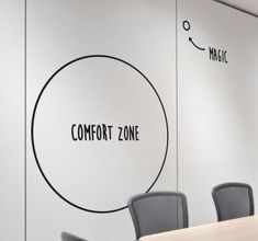 an office meeting room with a conference table and chairs in front of the wall that says comfort zone