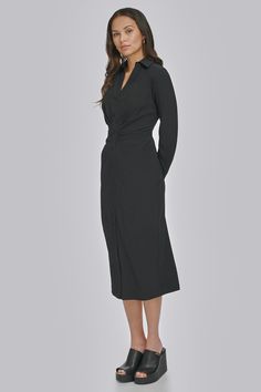 Long sleeve Midi length Button front closure Classic collar Ruching Hem hits below knee Origins: Imported Style: DD3LD534 | DKNY Women's Front Ruching Dress in Black Size 6 Long Sleeve Midi, Ruched Dress, Midi Length, Size 12, Size 10, Collar, Long Sleeve, Dresses, Black