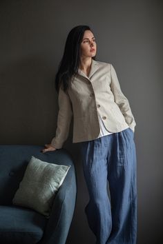 "This classic linen jacket is tailored from the highest quality soft-washed linen. Slightly fitted is perfect for effortless layering.  Can be paired with different pieces of clothing from mini dress to jeans to get the elegant or semi-casual look. Details and care: No lining Front buttons closure Classic lapels Long sleeves Front patch pockets 100% washed Lithuanian linen Dry clean or gentle hand wash. SIZE CHART:  XS-4 US/ 6UK/ 36 EU: Bust 33\" (84 cm) , Waist 25\" (63,5 cm), Hips 36\" (92 cm)  S-6 US/ 8UK/ 38 EU: Bust 35\" (88 cm) , Waist 26,5\" (67,5 cm), Hips 38\" (96 cm) M-8 US/ 10UK/ 40 EU: Bust 36\" (92 cm), Waist 28\" (72 cm), Hips 39\"(100 cm) L-10 US/ 12UK/ 42 EU: Bust 38,4 \" (96 cm) , Waist 30,4\" (76 cm), Hips 41,6\" (104 cm) The model is 1,74 cm (69.6 inches) in height and i Linen Sport Coat With Lapel Collar For Office, Fall Linen Sport Coat For Business Casual, Office Linen Blazer With Pockets, Classic Linen Outerwear For Spring, Classic Linen Sport Coat For Fall, Linen Single Button Blazer For Office, Classic Fall Linen Sport Coat, Single Button Linen Blazer For Office, Tailored Linen Sport Coat For Office