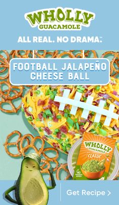 a bowl of food with an avocado next to it and the words, football jalapeno cheese ball