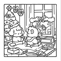 a black and white image of a cartoon character sitting in front of a christmas tree