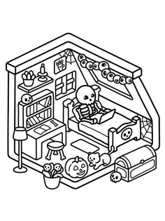 a black and white drawing of a dollhouse with toys in the room, including a cat