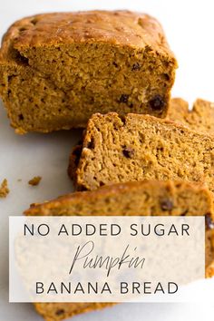 no added sugar pumpkin banana bread is cut into pieces and stacked on top of each other