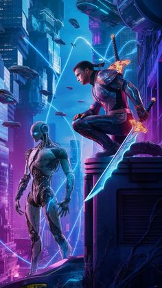 two sci - fi characters standing on top of a building in front of futuristic cityscape