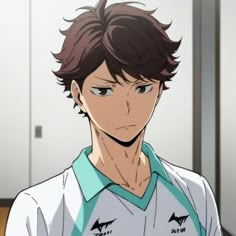 an anime character with brown hair wearing a white shirt and blue collared shirt looking at the camera