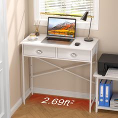 a laptop computer sitting on top of a white desk next to a printer and scanner