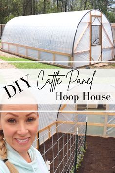 a woman standing in front of a greenhouse with the words diy coffee - pan hop house