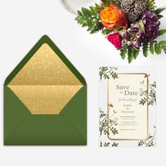 wedding stationery with gold glitter envelope and floral bouquet