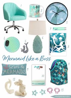 a collage of mermaid themed items including a chair, desk lamp and other accessories