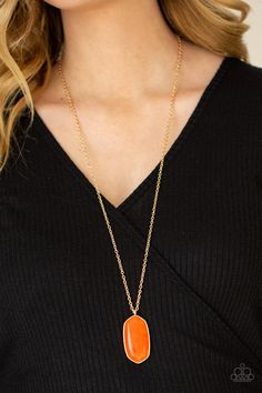 Encased in a classic gold fitting, a glassy orange stone swings from the bottom of a lengthened gold chain for an elegantly earthy look. Features an adjustable clasp closure. Sold as one individual necklace. Includes one pair of matching earrings. Paparazzi Accessories is lead free and nickel free. Orange Necklaces, Orange Necklace, Orange Stone, Silver Caps, Rock Stars, Paparazzi Accessories, White Rhinestone, Classic Gold, Affordable Jewelry