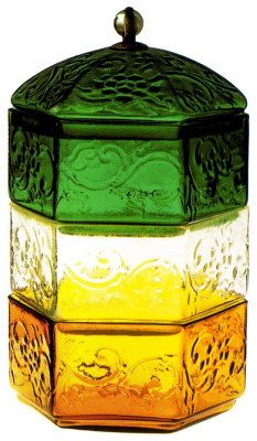 a multicolored glass jar with a lid