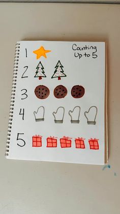 a notebook with some cookies and numbers on it