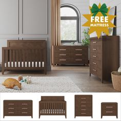 a baby crib and dressers are shown with the price tag for each piece