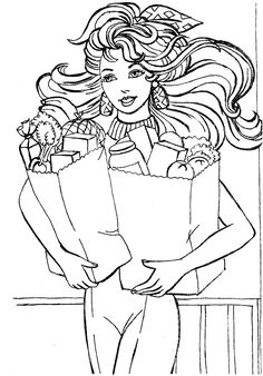 a girl with long hair holding a bag full of flowers and presents in her hand