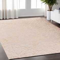 a white rug in a living room with a potted plant on the floor and window behind it