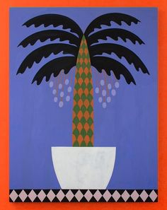 a painting of a palm tree in a white bowl on an orange and blue background