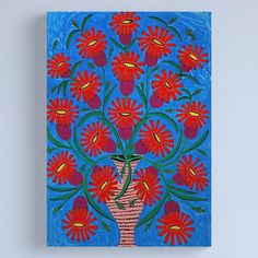 a painting of a vase with red flowers in it on a blue background canvas print