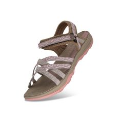 a women's sandal with two straps on the front and side, in grey