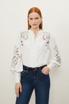 Spring Workwear Shirt With Embroidered Cuffs, Elegant Long Sleeve Shirt With Floral Embroidery, Elegant Workwear Shirt With Floral Embroidery, Elegant Floral Embroidered Shirt For Work, Collared Tops With Embroidered Cuffs For Work, Elegant Cotton Blouse With Embroidered Cuffs, Elegant Cotton Tops With Embroidered Cuffs, Spring Shirt With Button Cuffs And Stand Collar, Spring Shirt With Stand Collar And Button Cuffs