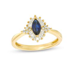 Elevate any attire with this luxurious fashion ring. Crafted in sterling silver with 14K gold plate, this resplendent style showcases a 7.0 x 3.5mm marquise-shaped lab-created bright blue sapphire wrapped in a frame of baguette-cut lab-created white sapphires. Quartets of round created sapphires flank the center stone for a unique look. Buffed to a brilliant luster, this design suits her sophisticated style. Custom-made to fit her ring size. Sterling silver rings cannot be resized after purchase Gold Marquise Cut Rings With Accent Stones, Gold Marquise Birthstone Ring With Accent Stones, Gold Marquise Cluster Promise Ring, Gold Marquise Cluster Ring For Promise, Gold Marquise Ring With Accent Stones, Gold Cluster Ring With Sapphire And Accent Stones, 14k Gold Sapphire Cluster Ring, 14k Gold Sapphire Cluster Ring With Center Stone, Sapphire Cluster Ring With 14k Gold Center Stone