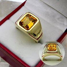 AAAA Citrine 10x8mm  3.67 Carats   Heavy 14K Yellow gold Emerald cut Mans ring 15-16 grams 1760 Mans Ring, Mens Gemstone Rings, Yellow Sapphire Rings, Indicolite Tourmaline, Rings Men, Modernist Ring, Sapphire Rings, Blue Tourmaline, Yellow Stone