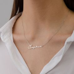 "♥Signature Name Necklace in Sterling Silver Gold Plated, Dainty Nameplate Necklace Unique Minimalist ♥ * Material: High Quality Solid 925 Sterling Silver * Finish: Sterling Silver ∙ 18K Gold ∙ Rose Gold * All our jewelry is made by hand with Love STERLING SILVER 925 ♥ We use real Sterling Silver 925 ♥ ♥ How to customize Order? ♥ 1) Select Color 2) Select Chain length 3) Click \"Add to Cart\" 3) Will need work name or letters write to the text box (like: Alis ♥ Laura -S♥G ) 4) Checkout 5) Comple Silver Necklace With Name, Custom Silver Necklaces, Silver Chain For Women Unique, Simple Necklace Designs, Silver Name Necklace, Locket Design, Handwriting Necklace, Name Necklace Silver, Sterling Silver Name Necklace