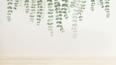 green leaves are hanging from the ceiling in front of a white wall and wooden floor