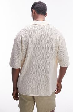 A richly textured crochet-inspired knit keeps things cool on so many levels in this button-up cut for a fit that's as ready to relax as you are. 26" length (size Medium) Front button closure Spread collar Short sleeves 83% cotton, 17% nylon Machine wash, dry flat Imported Short Sleeve Knit Button Up, Casual Textured Knit Button-up Top, Short Sleeve Textured Knit T-shirt, Crochet Men’s Button Up, Crochet Mens Shorts, Men’s Knit Button Up Shirt, Crochet Mens, Crochet Button, Textured Crochet