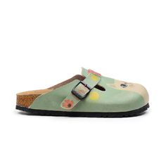 Casual Flat Clogs With Leather Footbed, Spring Outdoor Slippers With Closed Toe, Green Synthetic Casual Mules, Casual Green Synthetic Mules, Green Round Toe Slippers With Cushioned Footbed, Green Cushioned Slippers With Round Toe, Green Cushioned Round Toe Slippers, Green Synthetic Slippers With Round Toe, Green Synthetic Mules With Round Toe