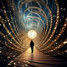 a man is walking through a tunnel that has lights on it and a clock in the center