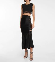 Mesh-insert lace-up midi skirt Fishtail Skirt, Black Midi Skirt, Knitting Designs, Runway Fashion, Designing Women, High Waisted Skirt, Midi Skirt, Color Design, Midi Dress