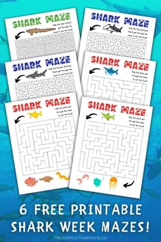 four shark mazes for kids to print and color with the words shark maze on them