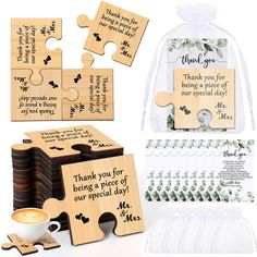 personalized wooden puzzles and bags with thank you for being a piece of our special day