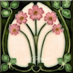 an art nouveau tile with pink flowers and green leaves