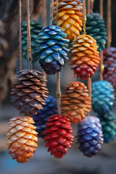 colorful pine cones hanging from strings in the air