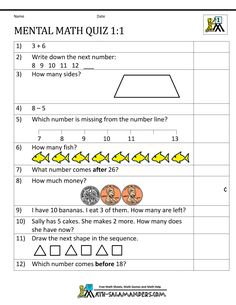 a worksheet for the mental math quiz