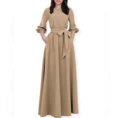 Aooksmery Women Elegance Audrey Hepburn Style Round Neck 3/4 Puff Sleeve Swing Maxi Dress Long Belt Dress With Pockets Size: Xl Fall Party Maxi Dress With 3/4 Sleeves, Elegant Half Sleeve Maxi Dress For Fall, Modest Beige Long Sleeve Maxi Dress, Beige Long Sleeve Modest Maxi Dress, Beige Long Sleeve Maxi Dress For Fall, Elegant 3/4 Sleeve Maxi Dress For Fall, Chic Beige Half Sleeve Dress, Belt Dresses, Long Black Maxi Dress