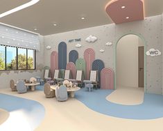 an artisticly designed children's playroom with pastel colors