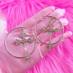 Crystal Cross Hoop Earrings | BOOGZEL CLOTHING – Boogzel Clothing Hoop Aesthetic, Earrings Baddie, 2000s Accessories, Grunge Chokers, Y2k Cross, Y2k Earrings, Put Together Outfits, Girls Y2k, Aesthetic Accessories