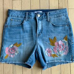 Nwot Kensie Floral Embroidered Denim Shorts. Light Blue W/Floral Embroidery On Front Of Both Legs. Side Slits. Unfinished Trim. Stretch Denim. Light Wash Embroidered Denim Bottoms, Embroidered Light Wash Bottoms For Spring, Embroidered Mid-rise Medium Wash Bottoms, Medium Wash Embroidered Mid-rise Bottoms, Light Wash Cotton Bottoms With Floral Embroidery, Embroidered Medium Wash Short Jeans, Embroidered Blue Jean Shorts, Embroidered Short Length Jeans In Medium Wash, Embroidered Short Length Medium Wash Jeans