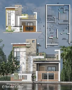 two story house plan with floor plans and elevation details