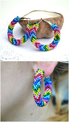 Rainbow earrings, multicolor seed beaded crochet hoop earrings, gift for her women, summer statement colorful earrings jewelry Summer Hoop Earrings With Colorful Beads, Rainbow Hoop Beaded Earrings, Colorful Beaded Hoop Earrings For Summer, Trendy Handmade Hoop Beaded Earrings, Summer Colorful Beaded Round Hoop Earrings, Rainbow Colorful Beads Hoop Earrings, Rainbow Hoop Earrings With Colorful Beads, Rainbow Round Hoop Earrings With Colorful Beads, Colorful Beaded Circle Earrings