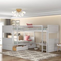 a bedroom with bunk beds and desks in it