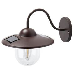 an outdoor wall light with a solar panel on the top and a small bulb attached to it