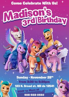 an image of a birthday party with ponys on the front and back of it