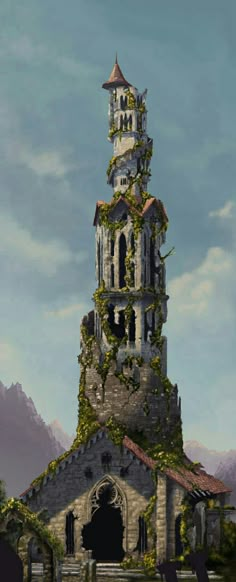 an artistic painting of a tower with vines growing on it