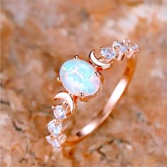 Simulated Opal And Cz Ring Rose Gold Tone Size 6 Brand New Elegant Dressy Witch Witchy Goddess Feminine Ceremonial Amethyst Opal Engagement Ring, Opal Moon Ring, Moon Wedding Ring, Opal Rose Gold Ring, Witchy Rings, Witchy Goddess, Goddess Feminine, Opal Wedding Ring Set, Moon Rings