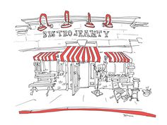 a drawing of a restaurant with red and white awnings