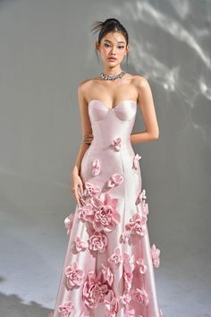 La Fleur Asymmetric Sweetheart Neck Taffeta Maxi Dress | MEAN BLVD Pretty Unique Dresses, Best Lady Dresses Outfit, Designer Floral Dress, Pink Dresses Aesthetic, Fancy Dresses For Teens, Luxury Dress Aesthetic, Unique Gown Design, Formal Spring Dresses, High Fashion Prom Dresses